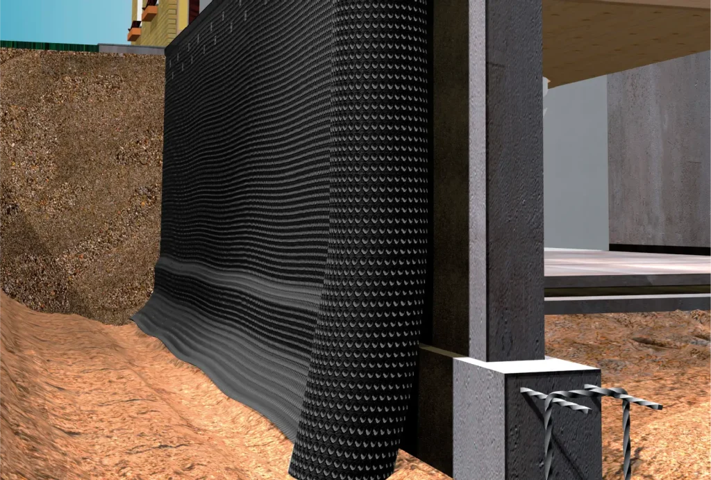 Visuel 3D d'une protection de soubassement PEHDmise en place pour sécuriser l'imperméabilisation des fondations