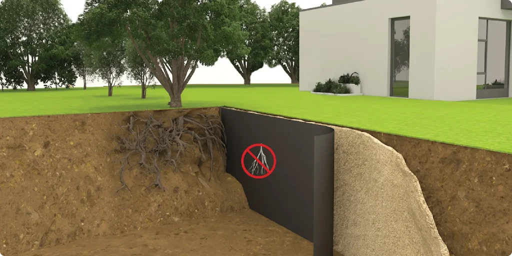 Schéma 3D de l'installation d'une barrière anti-racine dans le cadre d'un sol argileux (RGA)