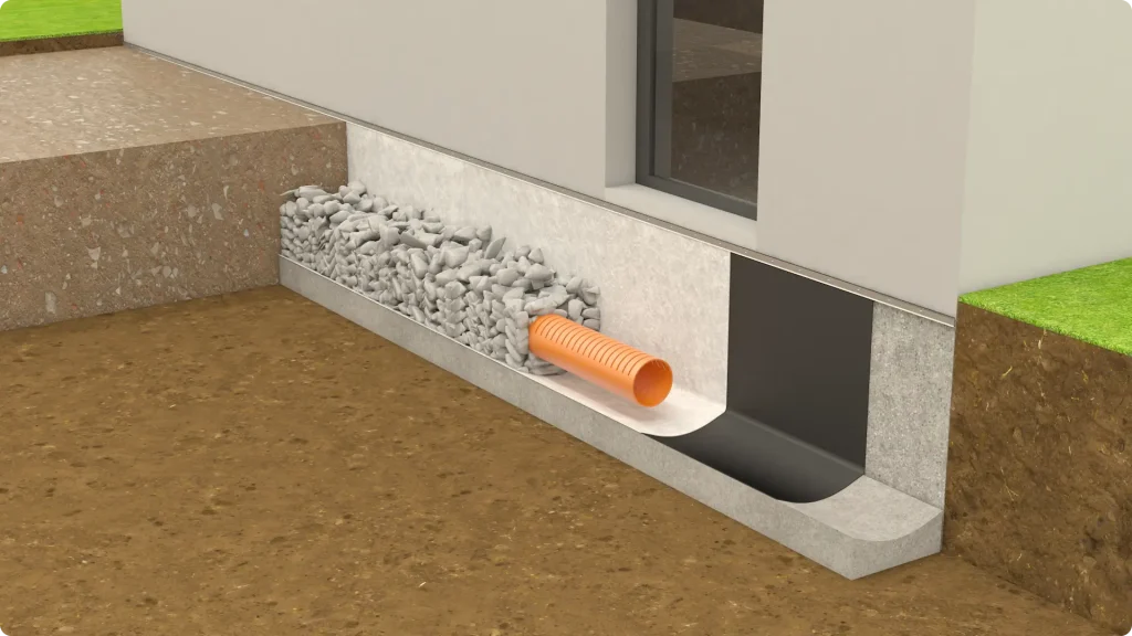 Schéma 3D de l'étanchéité fondations avec la membrane EPDM Flexirub