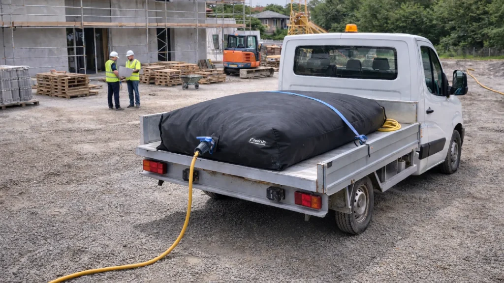 Photo d'une citerne souple rectangulaire dans le contexte d'un chantier pour transport d'eau
