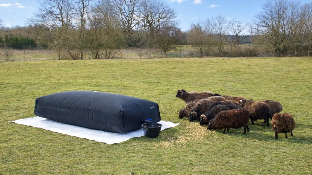 Photo d'une citerne souple rectangulaire permettant de distribuer de l'eau à un élevage, elle permet de stocker les eaux de pluie