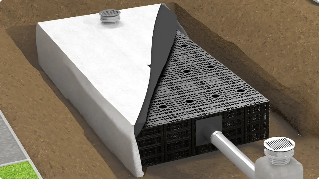 Schéma 3D d'un bassin enterré (SAUL) avec sa membrane EPDM et son géotextile de protection