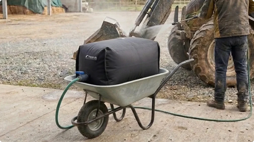 Photo d'une citerne souple rectangulaire de 100 L utilisée pour nettoyer le matériel agricole