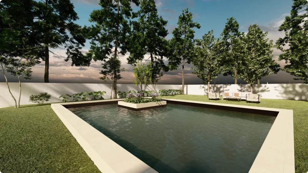 Visuel 3D d'un bassin décoratif après la pose de l'étanchéité