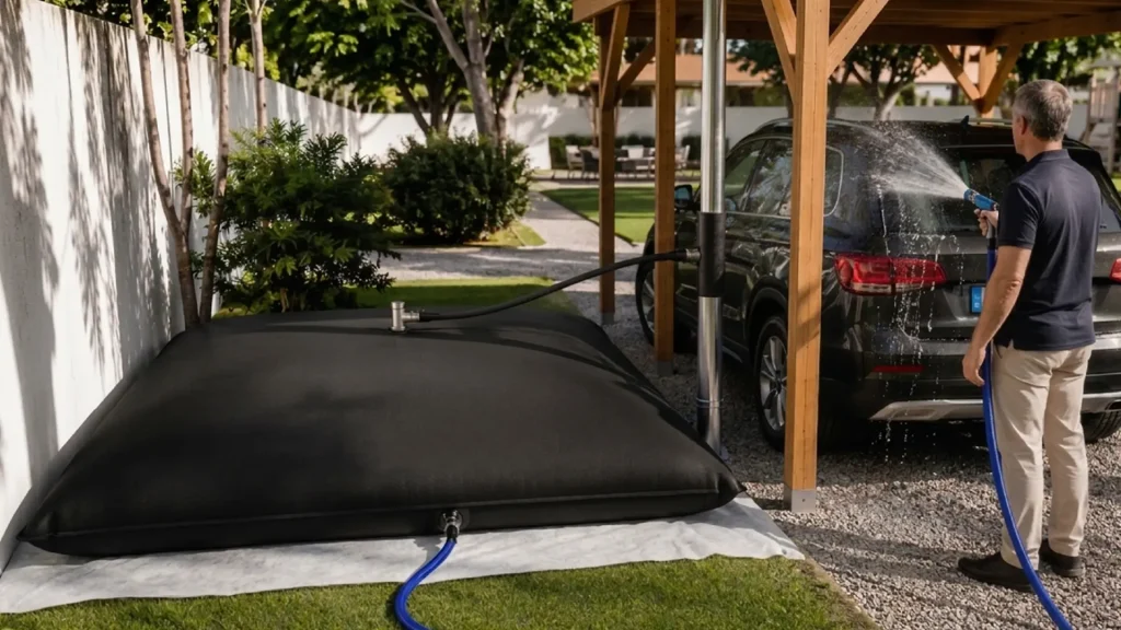 Photo de l'utilisation d'une citerne souple en EPDM dans le cadre résidentiel (lavage voiture)