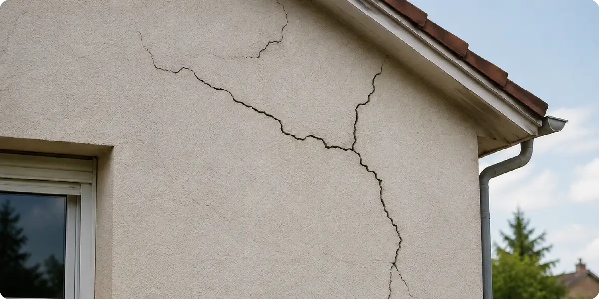 Image d'une maison présentant des fissures suite au retrait et gonflement des argiles