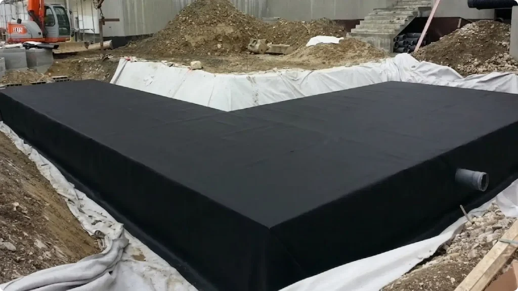 Photo d'un bassin enterré de type SAUL recouvert d'une membrane d'étanchéité en EPDM